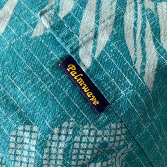 Palmwave Button Up Hawaiian Camp Shirt L Blue Floral Leaves Pocket Short Sleeve - Picture 3 of 6